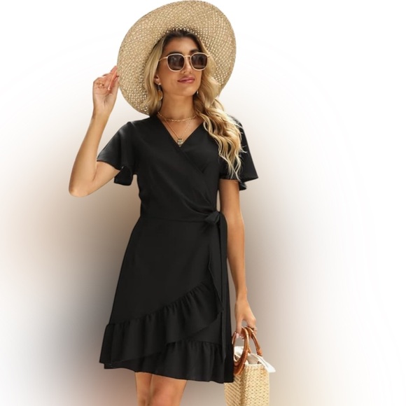 Naggoo Women''s Wrap V Neck Wraparound Black Ruffled Short Sleeve Mini Dress. - Picture 6 of 10